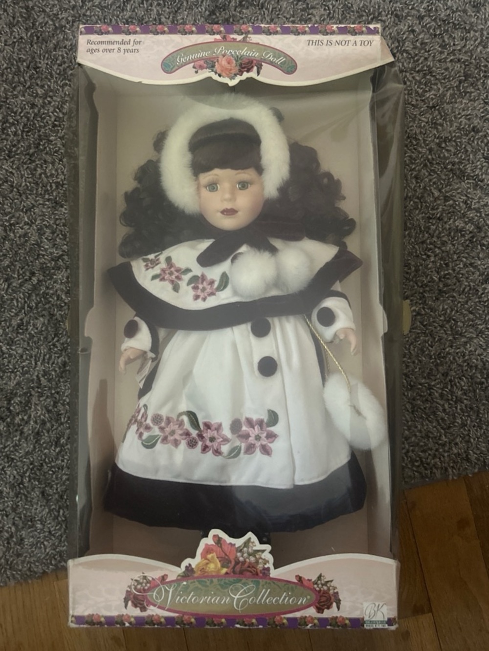 Victorian Collection Girls White and Black Floral Dress Porcelain Doll